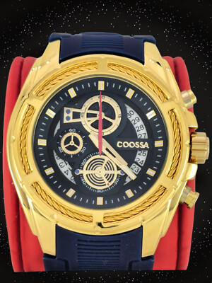 COOSSA ORIGINAL Men's Chronograph Watch 48MM Gold Case 30M WR Blue Silicone Band