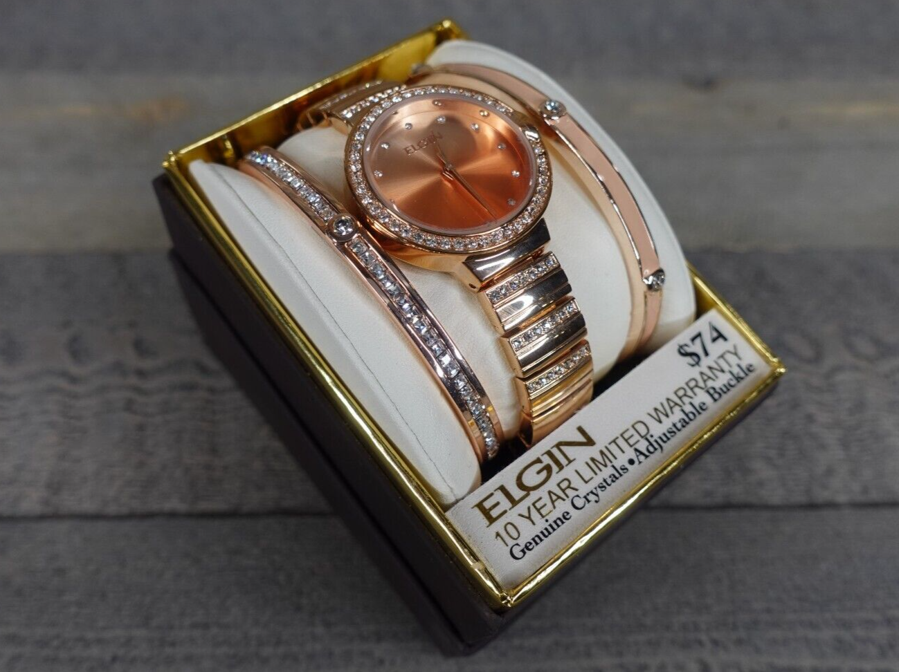 ELGIN Women's Crystal Accented Rose Gold Watch & 2 Bracelet Set