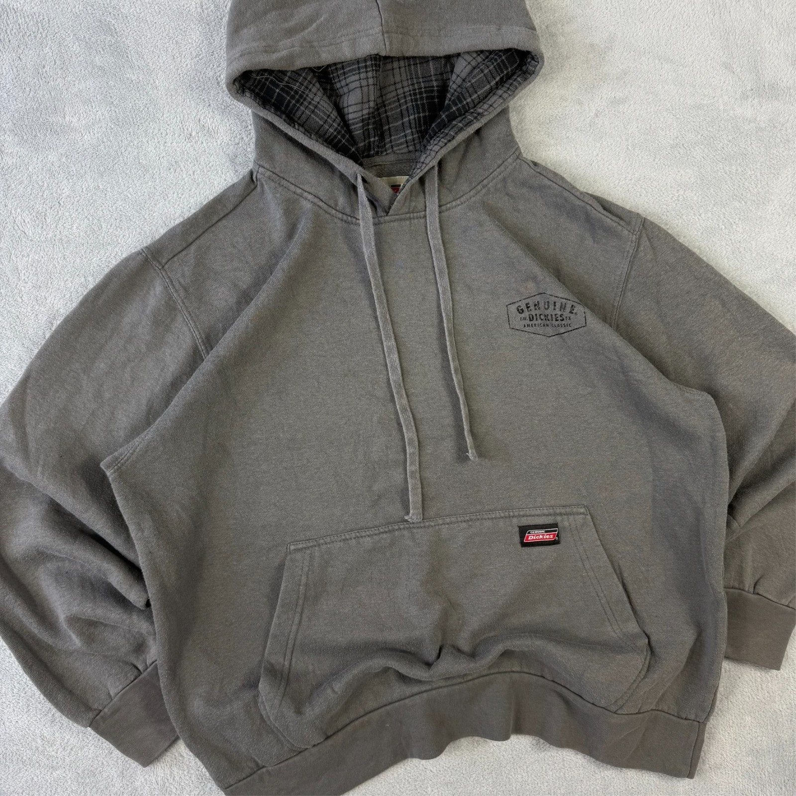 Vintage Dickies 2000's Y2K Grey Plaid Tartan Lined Medium Pullover Hoodie image 3
