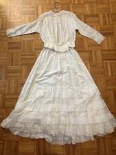 Antique 1900s Edwardian White Cotton Lawn Dress Tiered Lace Tea Gown 2 Pc