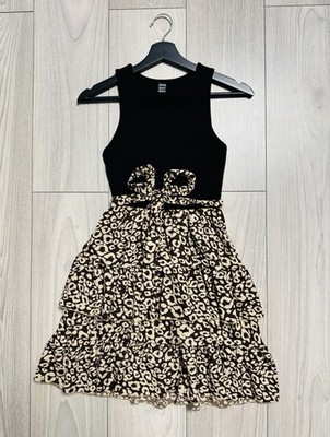 SHEIN Damen Minikleid XS 34 Leopard Volant Schleife Mini Boho Schwarz