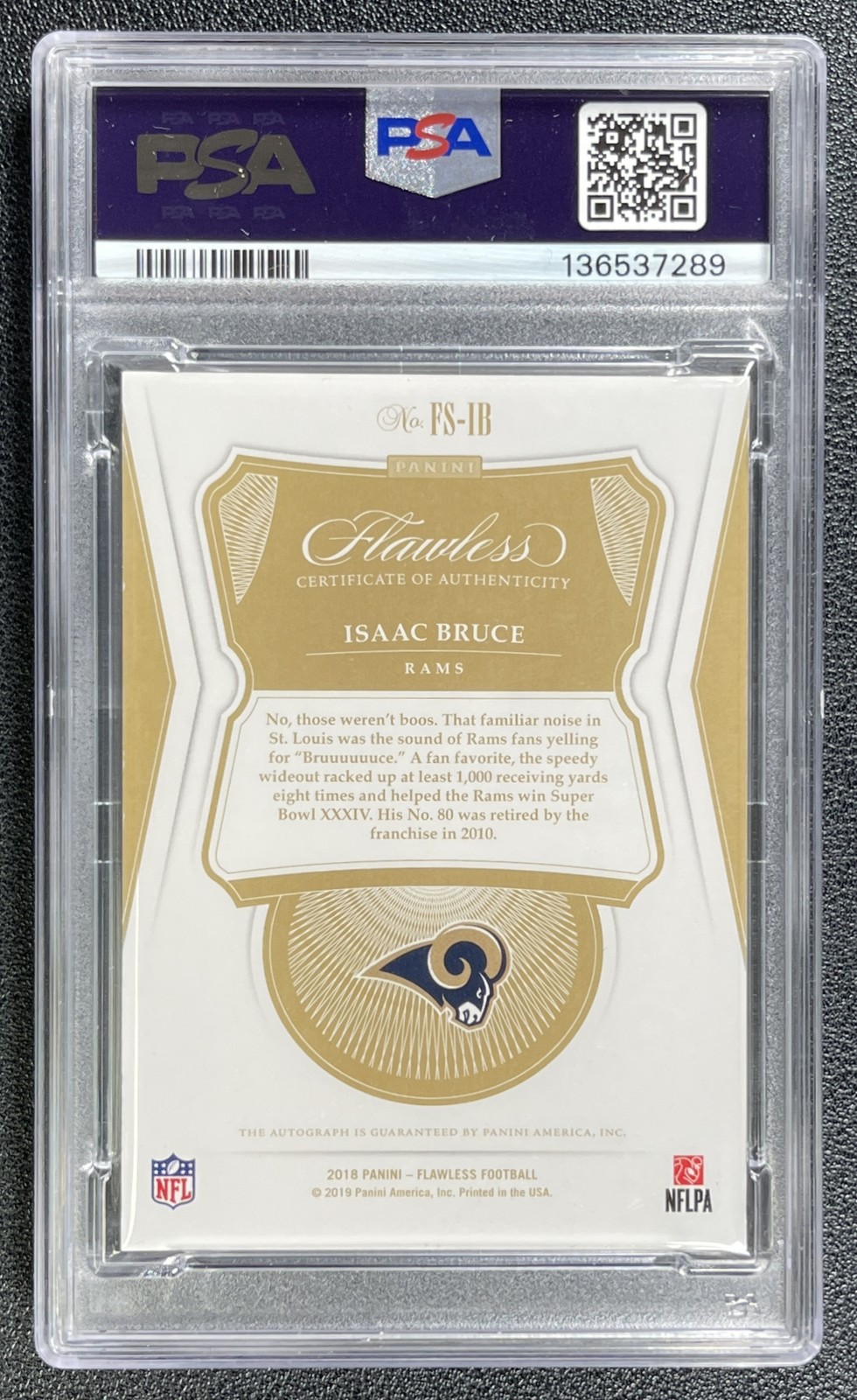 ISAAC BRUCE PSA 7 2018 PANINI FLAWLESS 2022 HONORS AUTO EMERALD 1/1 RAMS view 2