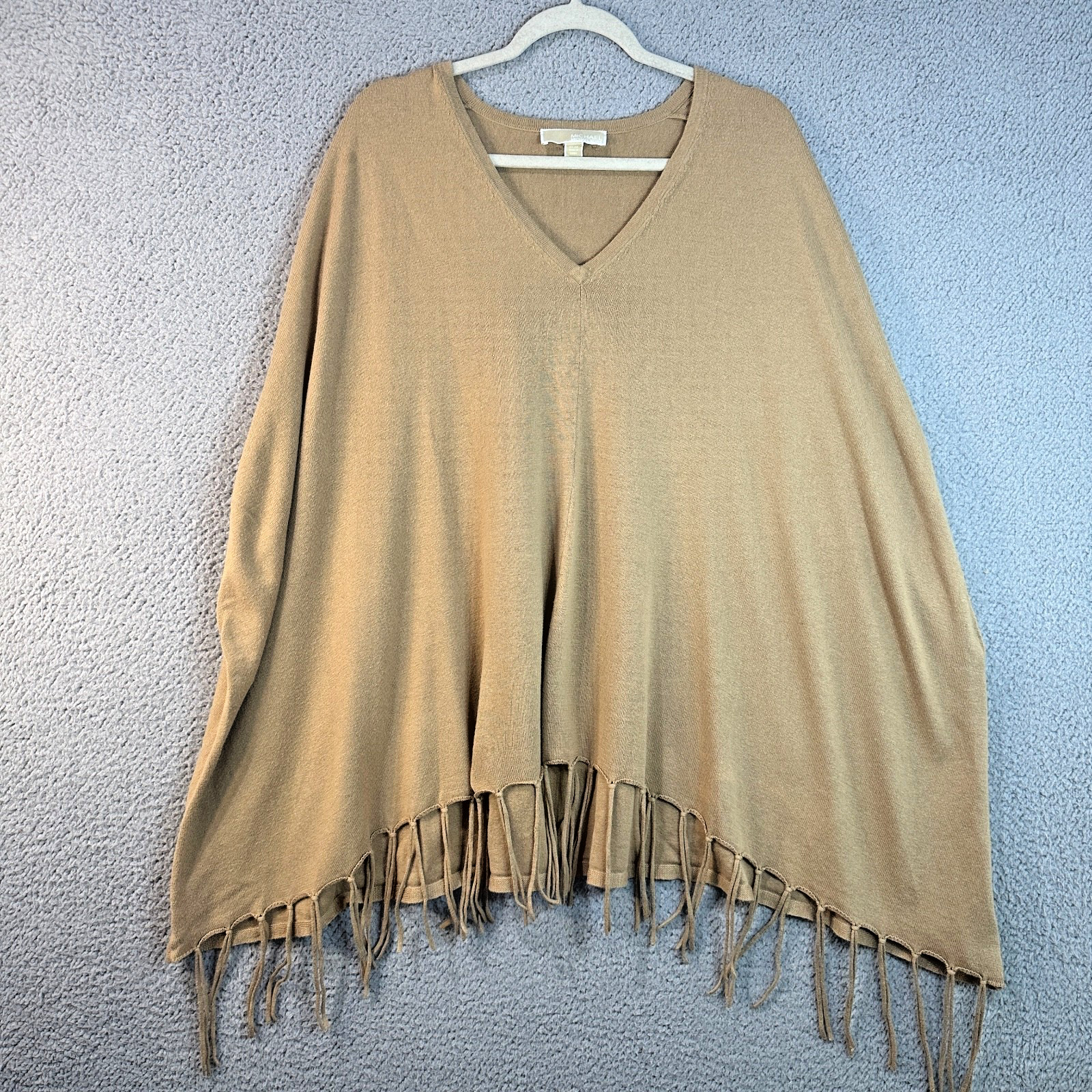 MICHAEL KORS Women’s Fringe Poncho Sweater V-Neck Tan S/M