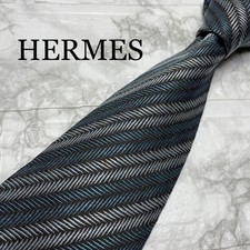 USED Tie HERMES herringbone silk tie blue gray business Japan