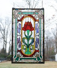 20" x 34" Tiffany Style stained glass window panel one big Rose Flower HF368