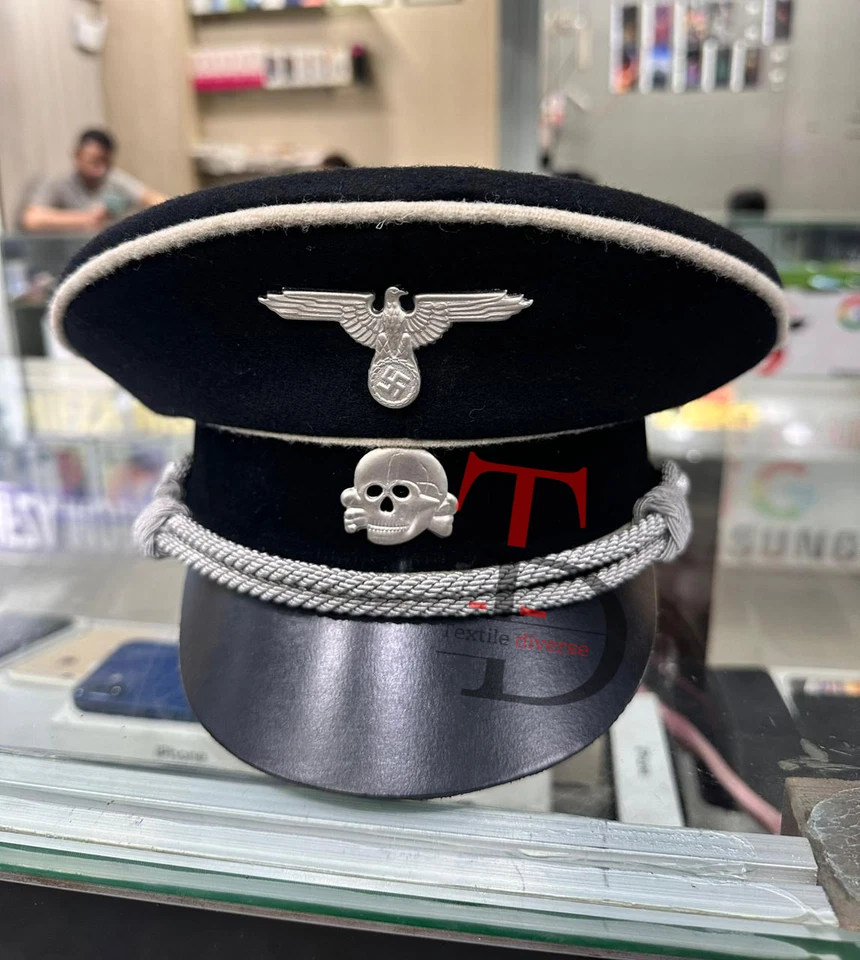 WWII-era German Visor Cap Black with Silver Insignia-Handmade - Image 2 of 4