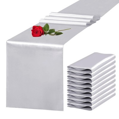 10 Pack 12x108 Inch Silver Satin Silk Table Runners for Wedding, Party Decor