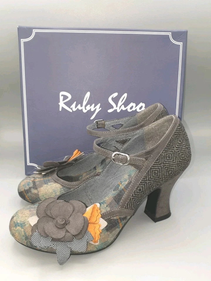 Ruby Shoo "Dee" Gris Tweed y Contraste Damas Mary Jane Tacón Canchas Reino Unido 5 UE 38 Foto 2 de 4