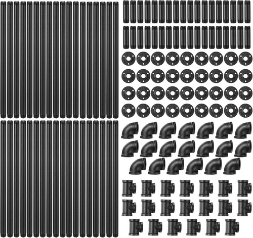 148 Pcs Black Iron Pipe Fitting Set with Threaded Hole Industrial Vintage Style,