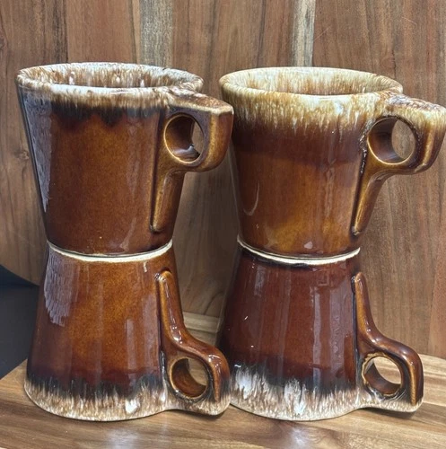 Vintage Hull Pottery Oven Proof USA Brown Drip Glaze Coffee Mugs Cups Set Of 4