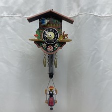 Vintage Working German Mini Swiss Chalet Cuckoo Clock Girl On Swing Wind Up