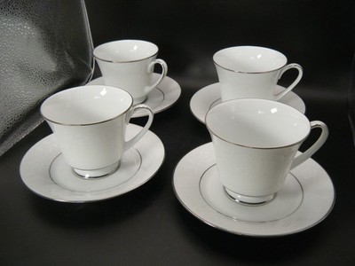 NORITAKE RANIER 6909 Platinum Rim ~ SET OF 4 CUPS & SAUCERS