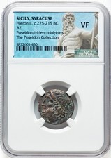 Sicily, Syracuse 275-215 BC AE Hieron II NGC VF Poseidon, Trident & Dolphins