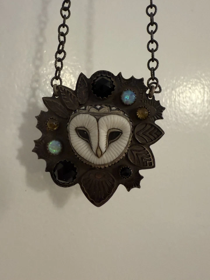 Night Gypsy Sterling Silver Laura Mears Owl Face 20” Necklace HTF Rare OOAK - Image 2 of 4