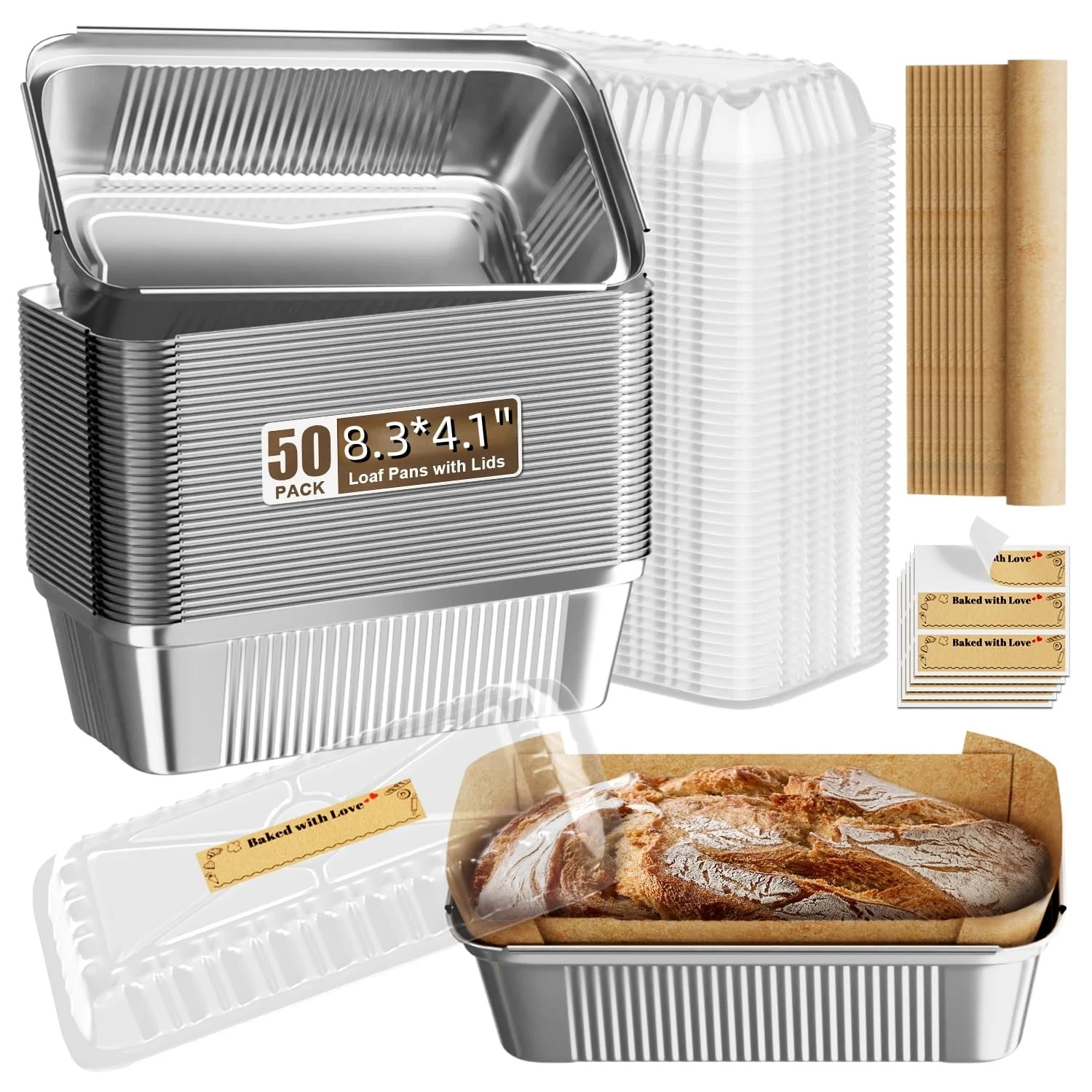 50 Pack Aluminum Loaf Pans with Lids Stickers and Parchment Paper Sheets,2.4L...