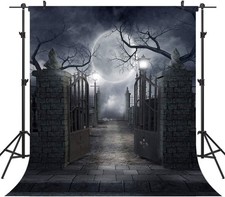 Halloween Night Full Moon Backdrop Gloomy Woods Graveyard 7X5FT, Clear