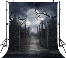 Halloween Night Full Moon Backdrop Gloomy Woods Graveyard 7X5FT, Clear