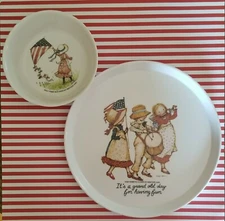 Vintage Oneida Deluxe Holly Hobbie Childs melamine 8" Plate and bowl 1980's flag