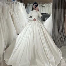 Elegant Satin Wedding Dresses High Neck Long Sleeves Sweep Train Bridal Gowns