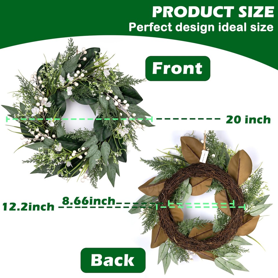 20 inch Spring Wreaths for Front Door with White Berries Green Wreath ...
