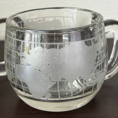 Nescafe Etched Glass World Map Globe Coffee Mug Glass Set of 2 Vintage - Picture 2 of 8