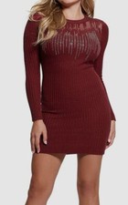 Guess Women's Red Rhinestone Mesh Round-Neck Long-Sleeve Sweater Dress Size M