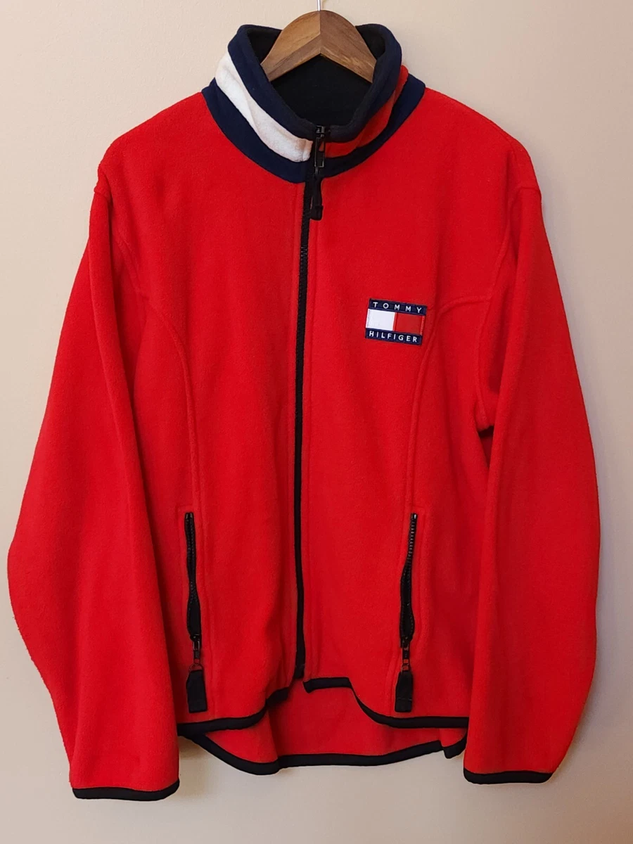 Vintage 90s Tommy Hilfiger Jacket Red Fleece Full Zip Flag Logo Mens L