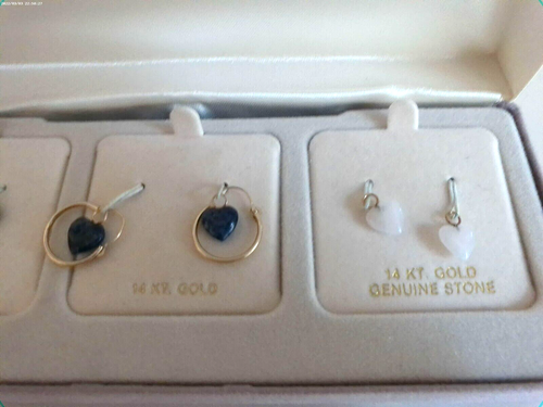 NIB~14K GOLD HOOP EARRINGS 0.5"D~GENUINE STONES HEARTS DANGLING CHARMS 0.25"L - Imagen 8 de 13