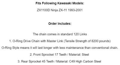 Gold O-Ring Drive Chain & Sprockets Kit for Kawasaki ZX1100D Ninja
