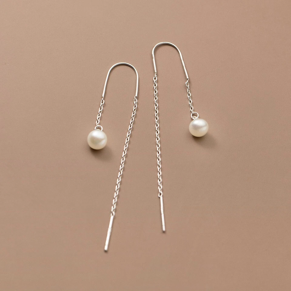 925 Sterling Solid Silver 5Mm Freshwater Pearl Threader Pull Through Earrings - Image 3 of 4