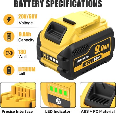 Battery For Dewalt FLEX-VOLT 20V/60V MAX 9.0Ah Lithium-ion DCB609 DCB606 DCB612