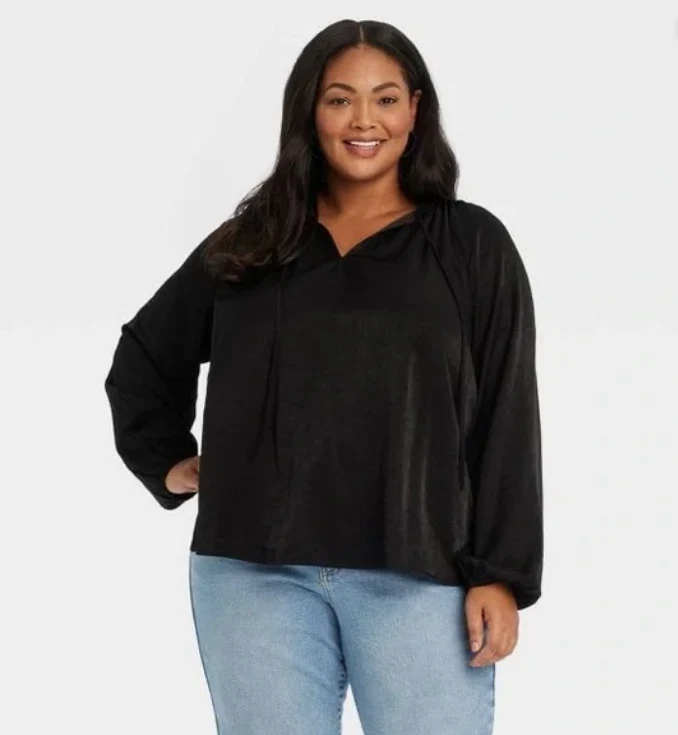 Photo 1 of SIZE 2XL -Ava & Viv Shirt Womens Black Balloon Sleeve Tie V-Neck Flow 