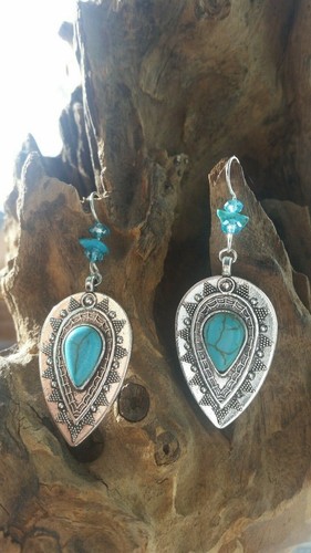 native American earrings turquoise shield engraved blessed cleansed blue shaman - Picture 4 of 12