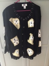 Vtg Modern Woman Ramie Blend New Year  s Clock Embellished Beaded Cardigan 1X