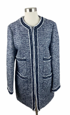 LK Bennett Navy Cream Charl Tweed Raw Hem Coat Quiet Luxury US 10