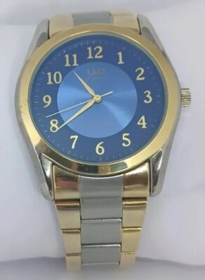 Men Q&Q by Citizen Watch Blue Face Gold Bezel Silver Case Steel Bracelet 2 Tone