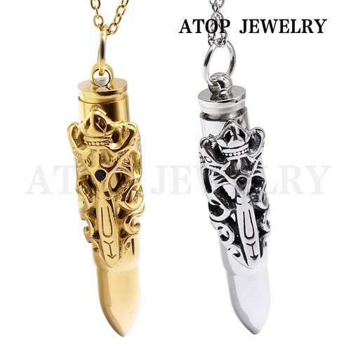 Men's Dragon Sword Bullet Memorial Necklace - 22" Cremation Ash Keepsake Pendant, Stainless Steel