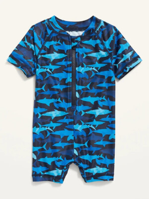 NWT Old Navy Blue Sharks Zip-Front Rashguard One-Piece Swimsuit for Baby Boys