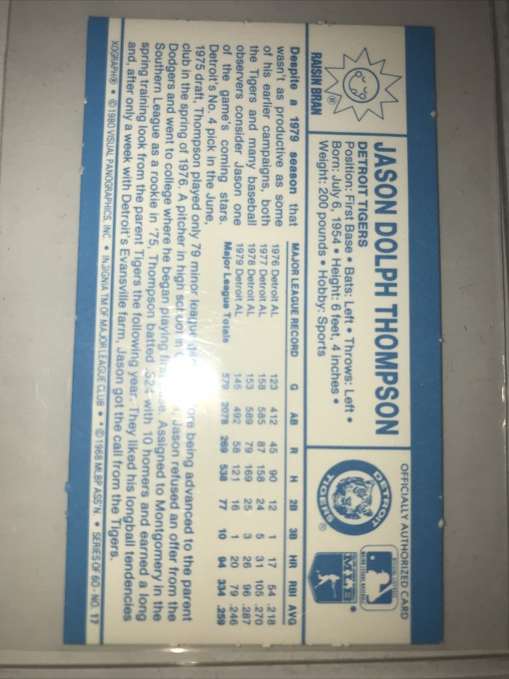 1980 Kellogg's Baseball Card 17 Jason Thompson NM eBay