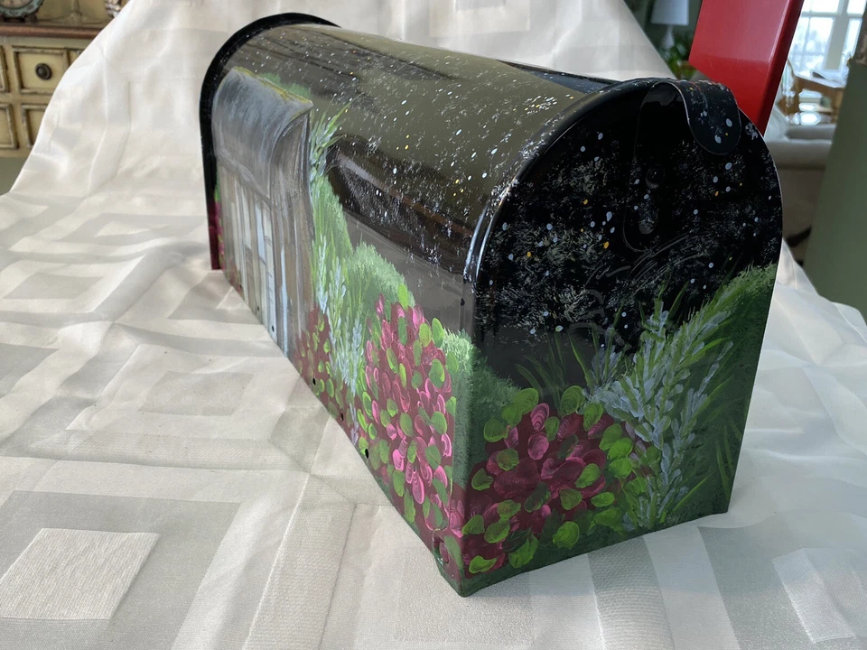 Hanpainted Mailbox Starry Night Country Sky With Barn Mountains And Pink Flowers - Image 4 of 4