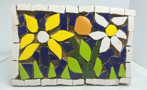 Vintage Handicraft Mosaic Ceramica Painting masterpiece Flower Wood Base 3"x4.5" - Picture 2 of 8