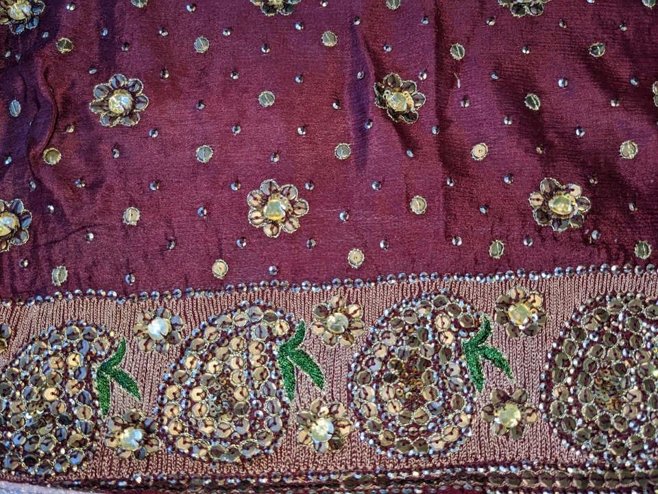 Chal de danza del vientre vintage bordado 100 % seda sari boho envolvente lentejuelas rojas óxido Foto 4 de 4