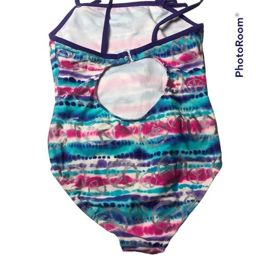 Girls Breaking Waves Swimsuit Size 12 Pink, Purple & Silver Glitter Peace Signs - Picture 4 of 8