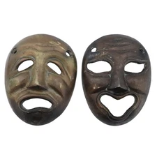 Vintage Bronze Theater Masks Comedy Tragedy Drama Wall Decor Hanging Pair Set