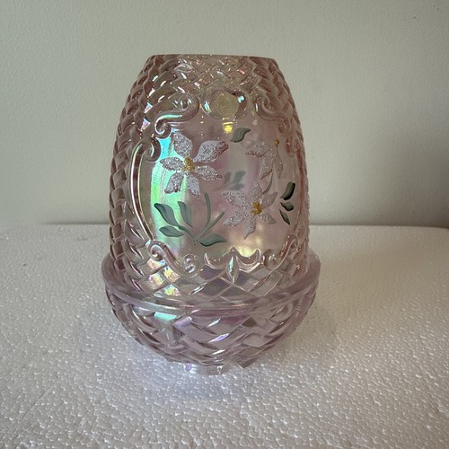 Fenton Carnival Champagne Pink Fairy Lamp Basketweave HP Flowers Artist Signed