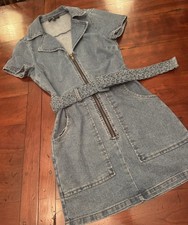 Lulus Distinct Icon Medium Wash Denim Belted Mini Dress With Pockets Size XS