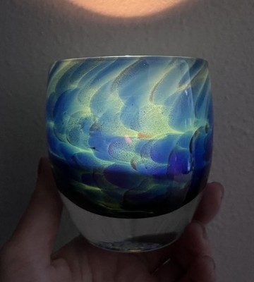 Unstickered One Of A Kindness Glassybaby - Blue Green Glitter Votive