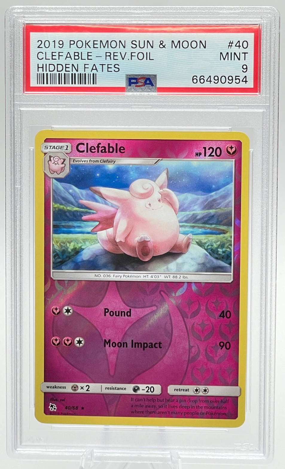 2019 POKEMON SUN & MOON HIDDEN FATES #40 CLEFABLE REVERSE FOIL PSA 9 MINT