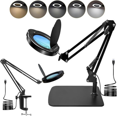 15X Magnifying Glass Desk Lamp with Clamp and Base, Real Glass Lens, 84 LEDs, 5