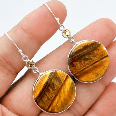Natürliches Tigerauge - Afrika & Citrin 925 Sterling Silber Ohrringe Schmuck E-1002